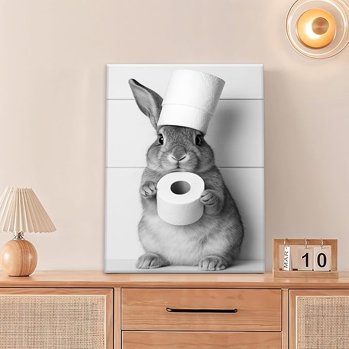 Bunny Bathroom Wall Art, Rabbit Pictures Wall Decor, Animal Canvas Prints Painting, Framed Artwork For Bathroom Living Room Bedroom Office Dining Room 24"X16"