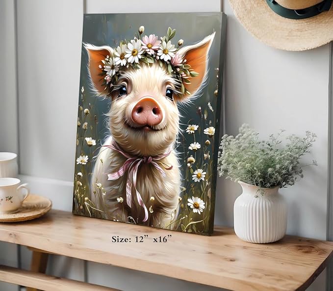 ZOIYINO Farm Animals Canvas Wall Art,Rustic Farmhouse Pig Wall Art,Pig Pictures Wall Decor,Funny Farm Animals Wildflower Bathroom Decor for Living Room Bedroom Kitchen(12"x16"Framed)