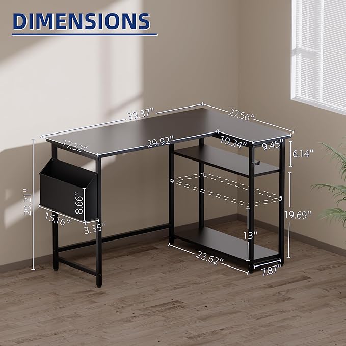 Pamray 40 Inch L Shaped Computer Desk with Reversible Side Storage Shelves, Small Corner Desk for Small Space Home Office, Writing Study Table PC Desk for Bedroom, Vintage