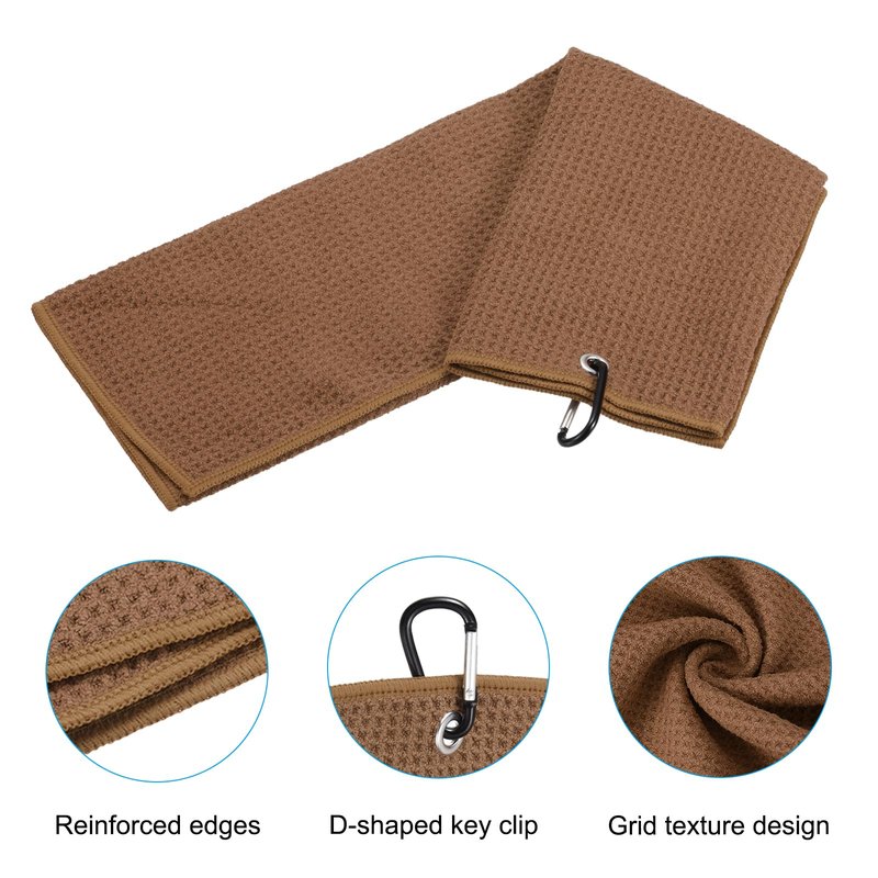 PATIKIL 12"x12" Tri-Fold Golf Towels, 3 Pack Waffle Pattern Towels Soft Fiber Strong Water Absorption with D Clip for Golf Lovers, Brown