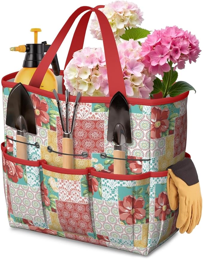 Floral Garden Tool Bag - Waterproof Garden Tote with 8 Pockets, Large Storage Home Organizer Gardening Tool Oxford Bag for Garden Tools Kits Holder, Ideal Outdoor Gardening Gift for Women & Men