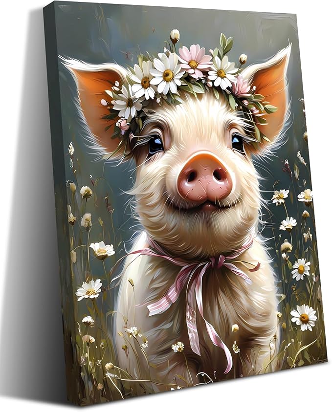 ZOIYINO Farm Animals Canvas Wall Art,Rustic Farmhouse Pig Wall Art,Pig Pictures Wall Decor,Funny Farm Animals Wildflower Bathroom Decor for Living Room Bedroom Kitchen(12"x16"Framed)