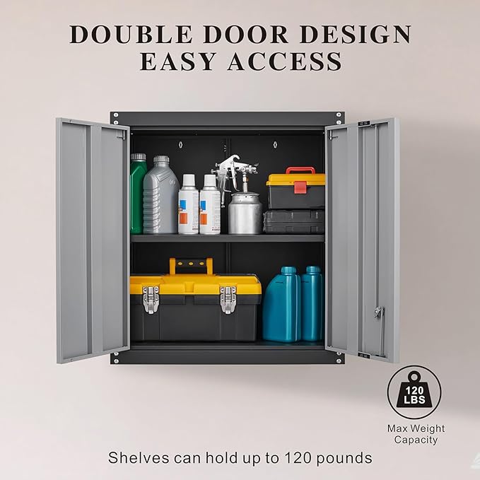 GREATMEET Lockable Storage Cabinet, Metal Garage Storage Cabinets, Metal Wall