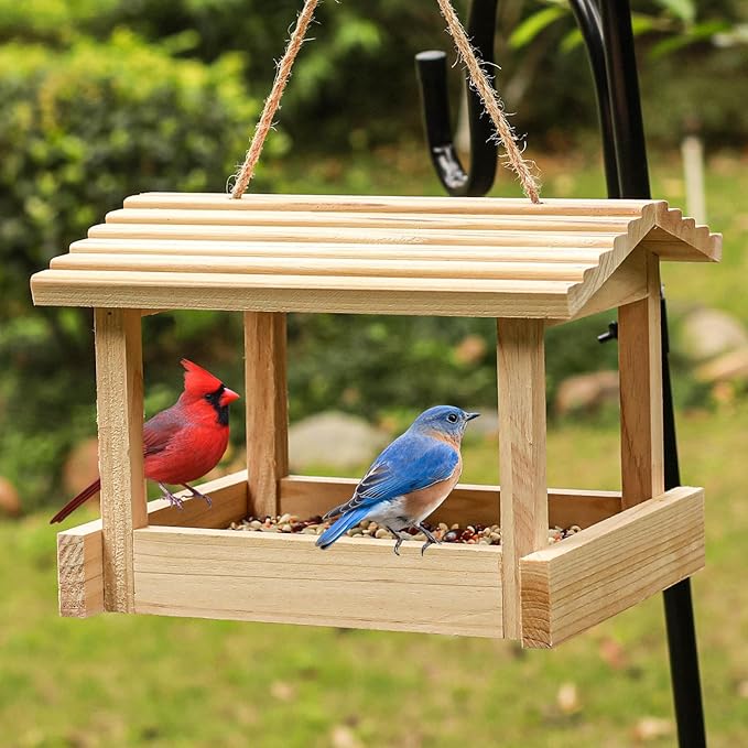 STARSWR Bird Feeders for Outside Hanging, Wild Bird Feeder House for Cardinals Finches Wooden Bluebird Feeder Mealworm Feeder Outdoor Wood Platform Bird House Feeder