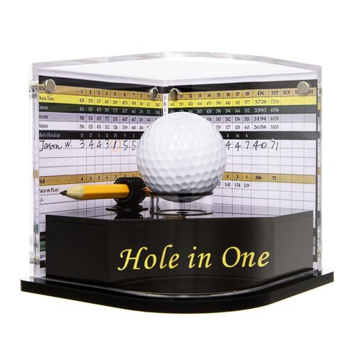 Golf Ball Display Case for Hole-in-One Golfer. Black Ball Throne with Golden Stamp. 2X Background Frames on Each Side of Cambered Cover. Pencil Holder, Glue Dots are All Included, No Assembly