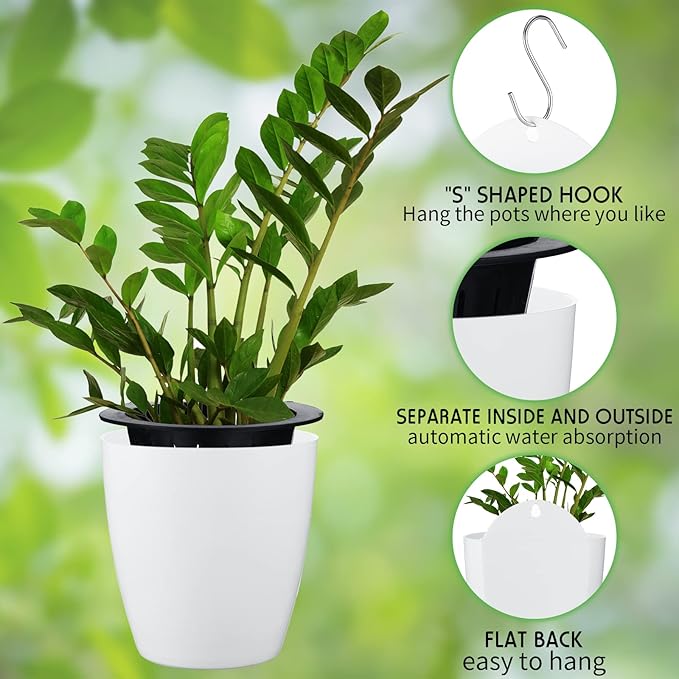 Yungyan 10 Sets 5" Self Watering Hanging Planter White Lazy Flower Pots Plastic