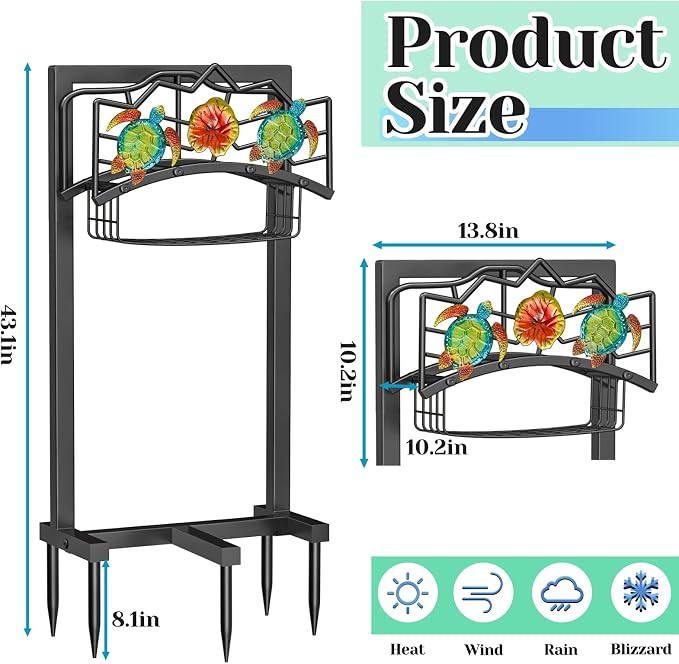 Garden Water Hose Holder with 5 Spikes, Upgraded Freestanding Heavy Duty Hose Hanger Holds 150-feet Hose, Sturdy Hose Stand Storage Rack for Outside Yard Lawn (Black - Turtle)