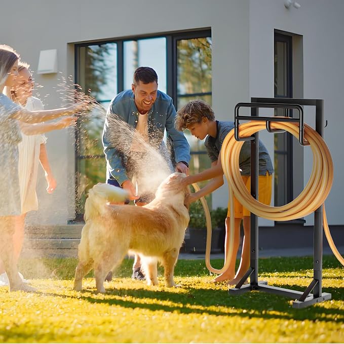 Garden Hose Holder with Stable Base and Tool Hooks, GAVISCITY Heavy-Duty Metal Hose Hanger Garden Hose Storage Holds 151Ft Hose, Rustproof Freestanding Water Hose Holder for Outside, Yard, Lawn, Black