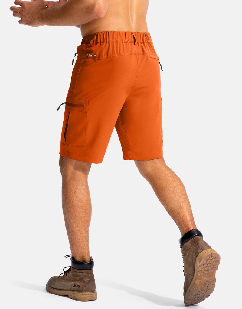 Pudolla Men's Hiking Cargo Shorts 9" Lightweight Outdoor Work Shorts for Men Travel Golf Camping Casual with 5 Zipper Pockets(Orange X-Large)