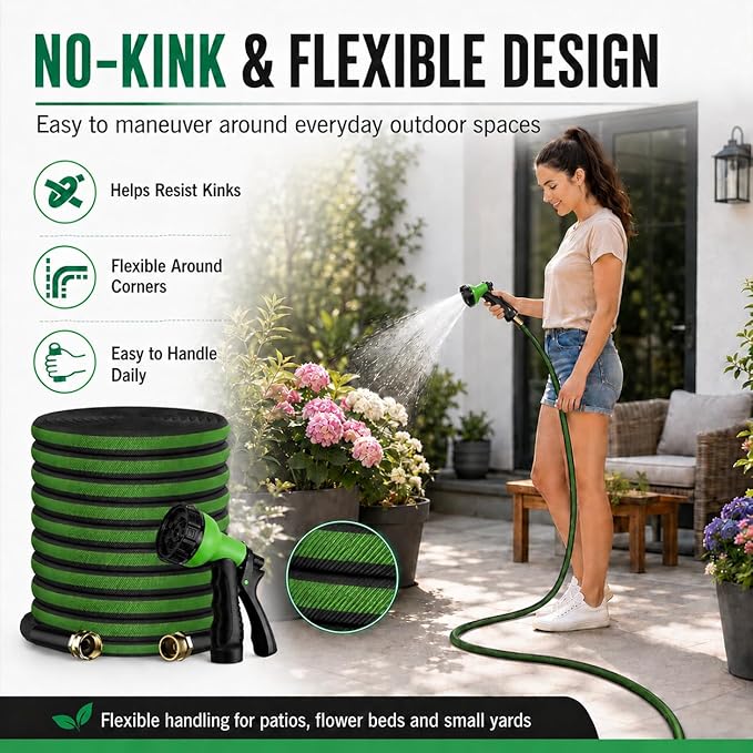 100FT Lightweight Flat Garden Hose for Women & Seniors, Non-Expandable Water Hose with 10-Pattern Spray Nozzle, Easy Storage No-Kink Hose for RV, Patio, Small Backyard, Car Wash & Everyday Watering