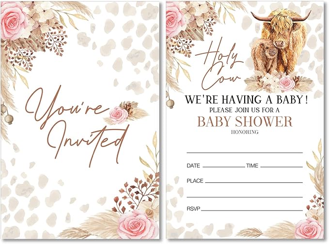 Boho Highland Cow Baby Shower Party Invitations with Envelopes Set of 20 Pampas Holy Cow Baby Shower Party Invites Fill in Blank