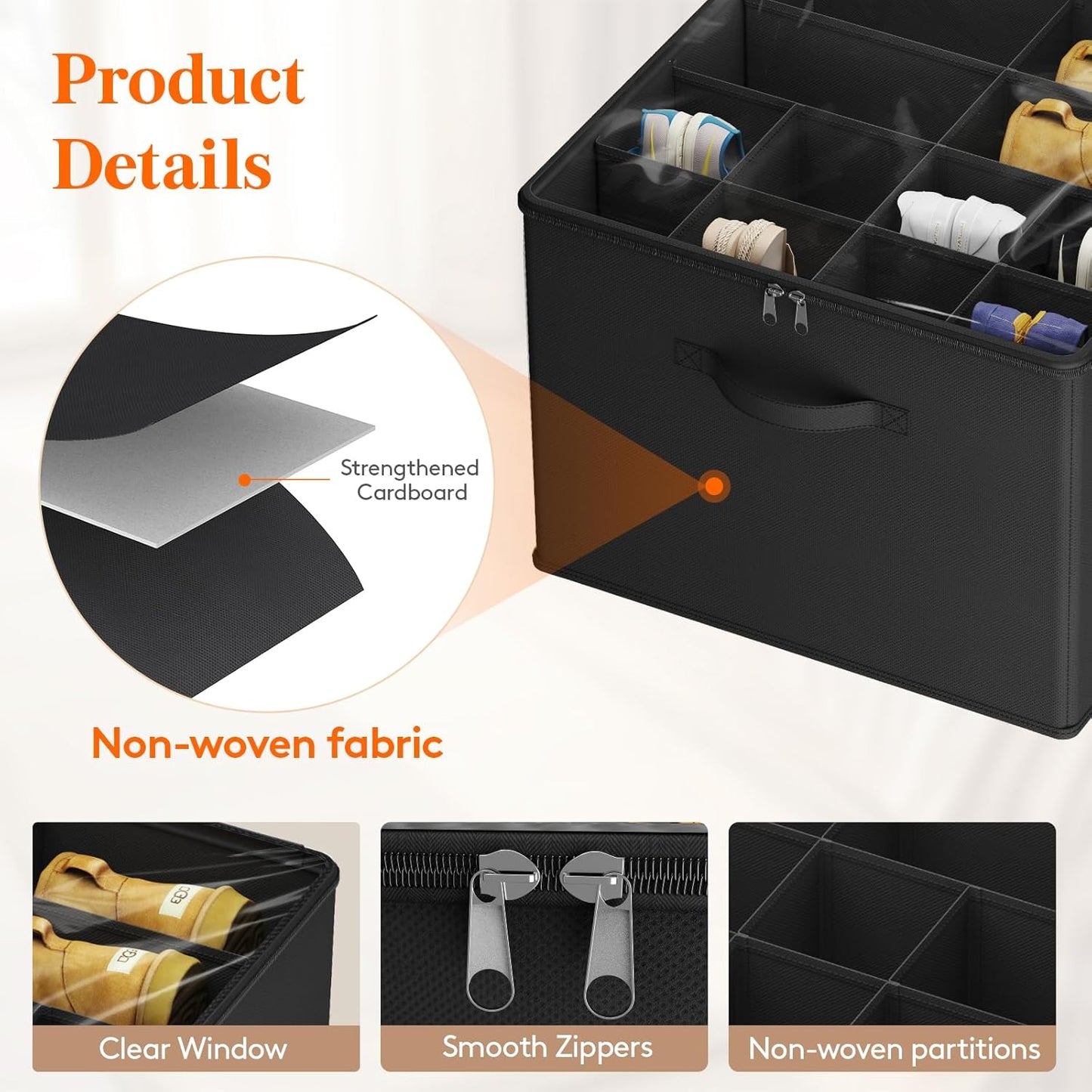 Lifewit Shoe Storage Organizer for Closet Fits 12-16 Pairs, Fabric Large Shoe Box Storage Container with Clear Cover, Foldable Bins Fit for Boots Heels Sneakers 17"(L) x 17"(W) x 12.5"(H) 3 Pack Black