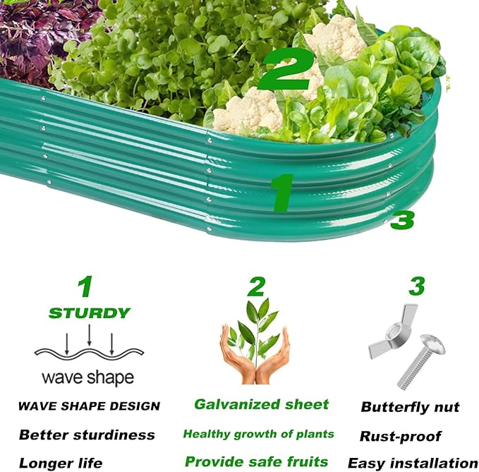 Rakukiri Raised Garden Bed GRS Certified Galvanized Planter Box Outdoor, 5ft Oval Rot-Resistant Metal Garden Bed Planter, Recycled Material Planter for Vegetables Flowers Herbs (Green)