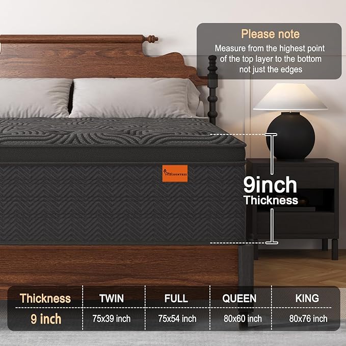 Queen Mattress, 9 Inch Hybrid Mattresses in a Box with Durable Support, Fiberglass Free, Motion Isolation & Individually Poctet, 100 Night Trial, Queen Size, Dark Grey