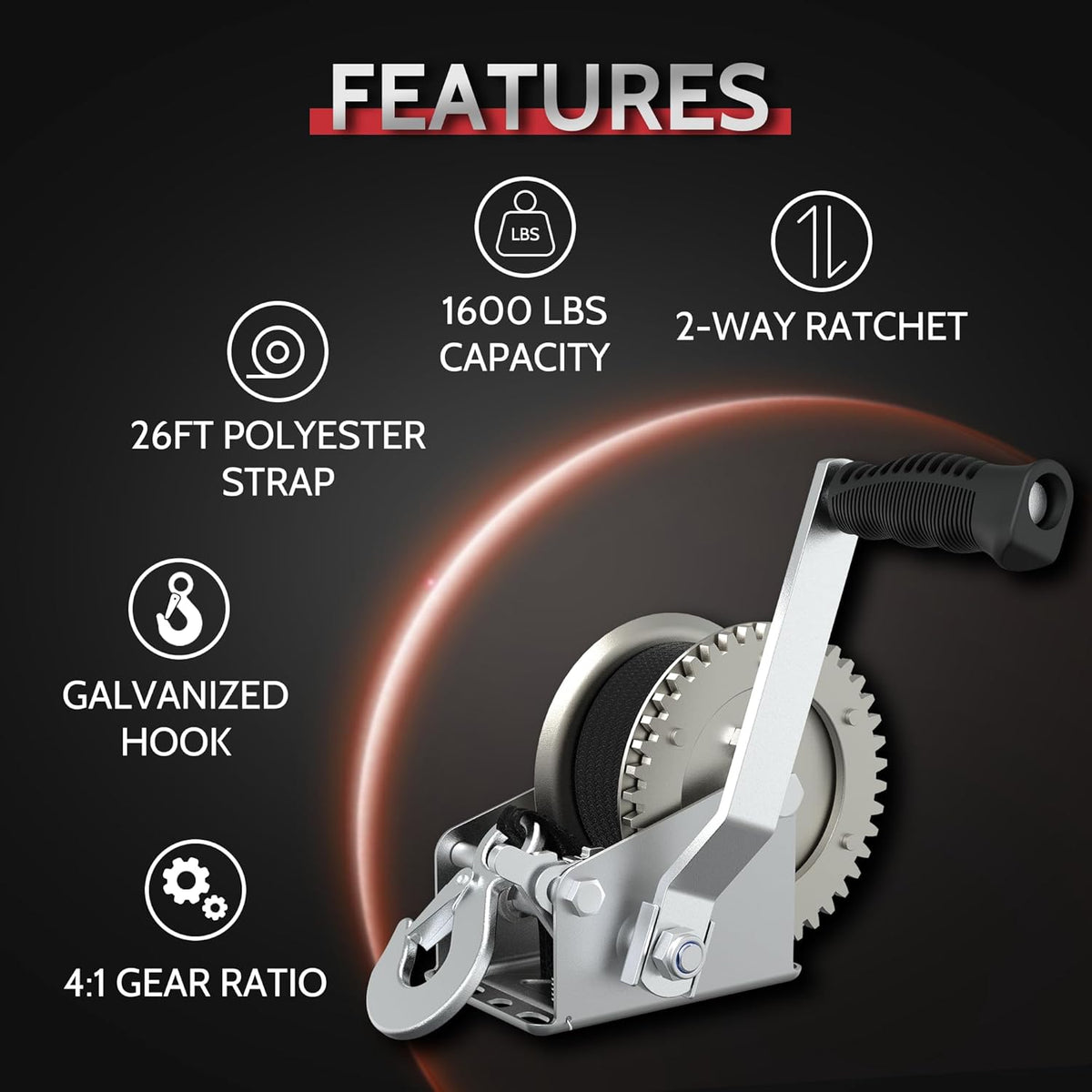 Skiennix Boat Trailer Winch - 1600 LB Heavy Duty Manual Winch with 26FT Strap & Hook