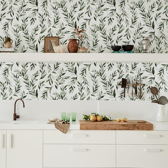 Livebor Green Leaf Wallpaper Peel and Stick Olive Leaf Contact Paper 17.7inch x