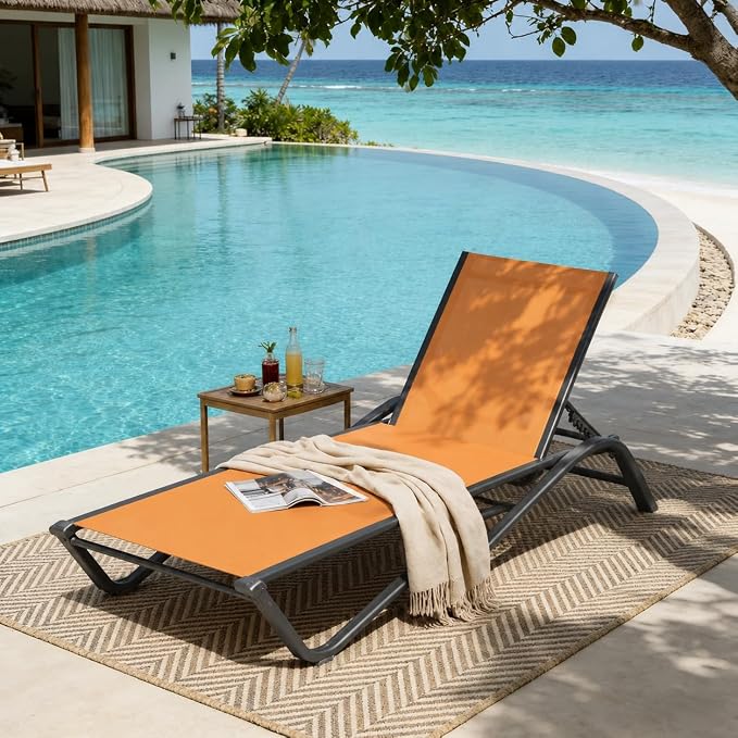 Adjustable Patio Chaise Lounge Chair, Outdoor Pool Lounger for Sunbathing & Tanning, All-Weather Textilene Sun Bed for Beach, Porch & Deck, Rust-Proof Aluminum Frame, Solar Orange