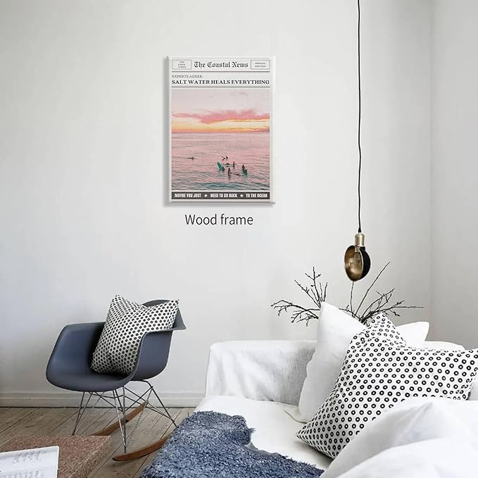 Pink Beach Newspaper Posters Vintage Fashion Coastal Girl Surf Wall Art 16X24