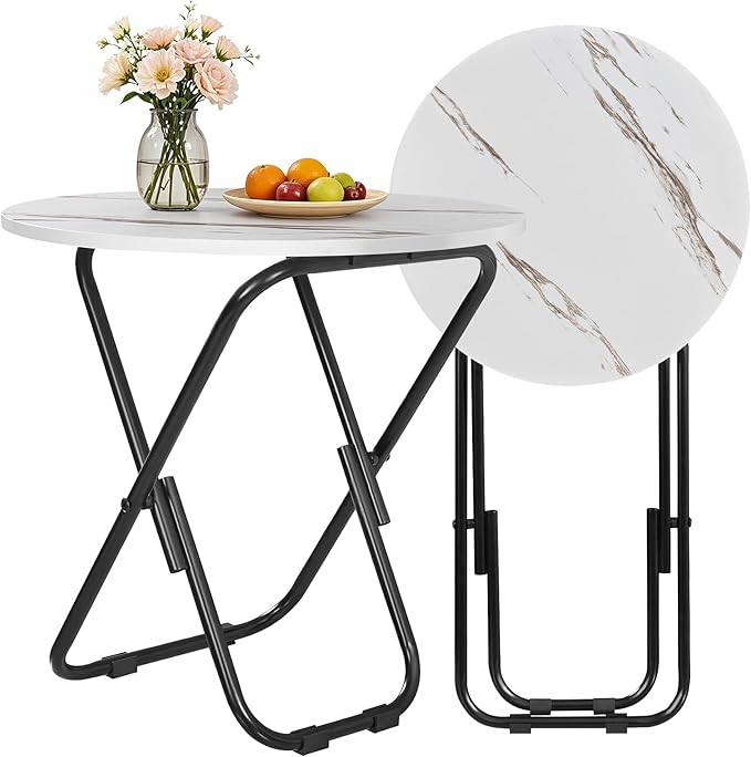 VECELO 17.7" Small Folding Table, Round Patio Outdoor Side Snack Table, Waterproof Wood End Table with Anti-Rust Metal Legs for Living Room Bedroom Garden Yard Balcony Porch