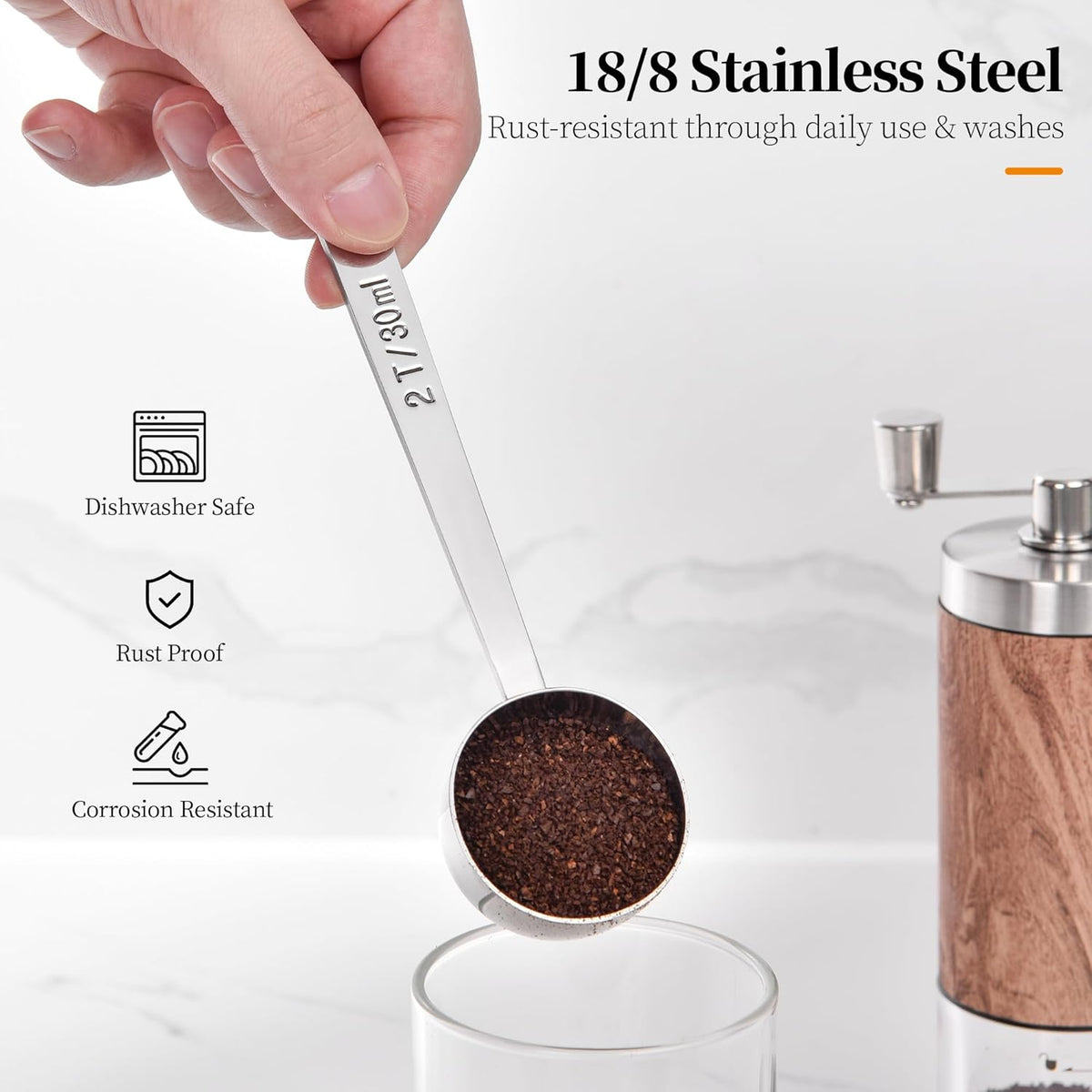 Long Handle Coffee Scoop: 5.98 Inch 18/8 Stainless Steel 2 Tablespoon Metal Measuring Spoon Tbsp Scoop for Coffee Beans, Grounds Coffee, Coffee Powder, Tea, Tall Jars (2Tbsp/30ml)