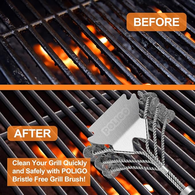 POLIGO 7PCS Golf-Club Style BBQ Grill Tools Kit with Rubber Handle Bundle with 18" Safe Grill Brush And Scraper Bristle Free for All Grills - Premium BBQ Set Ideal Christmas Birthday Gifts for Men Dad