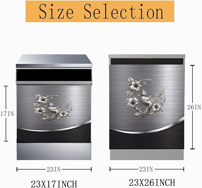 Grey Metal Silver Pattern Magnetic Dishwasher Cover Sheet Bird Flower Sticker Polishing Steelbird Dishwasher Skin Decor Silver Texture 23X17 INCH Magnet Rerigerator Kitchen Panel Decal