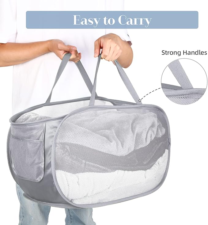 4 Pack Collapsible Laundry Baskets, Foldable Laundry Basket with Pocket, Durable Pop Up Hampers, Reinforced Handles Dirty Clothes Hamper for Laundry, Bedroom, Bathroom, Dorm, Travel or Camping Grey