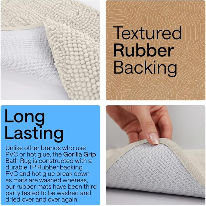 GORILLA GRIP Bath Rug Mat 30x20, Thick Soft Absorbent Chenille, Quick Dry Microfiber Mats, Rubber Backing Washable Shower Floor Rugs, US Designed Bathroom Bathmat Home Decor Accessories, Ivory Cream