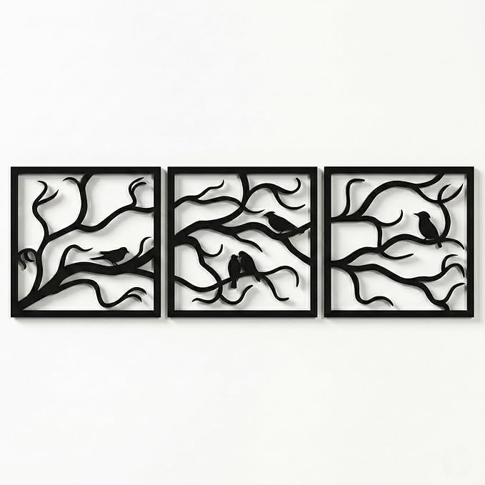 DEKADRON Metal Wall Art, Birds on Branch 3 Pieces, Metal Tree Wall Art, Tree Sign, Metal Wall Decor, Interior and Outdoor Decoration, 3 Panels Wall Hangings (60" W x 20" H / 154x50cm)