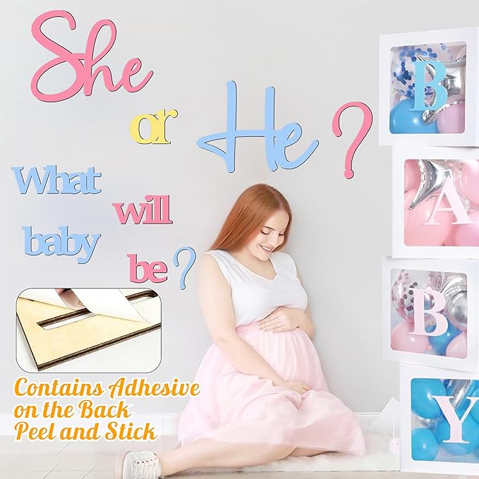 Large Wooden Gender Reveal Party Signs for Backdrop He or She Sign Decoration Decals Peel and Stick What Will Baby Be Decor Sticker for Balloon Arch Baby Gender Welcome Sign Girl or Boy Party Supplies