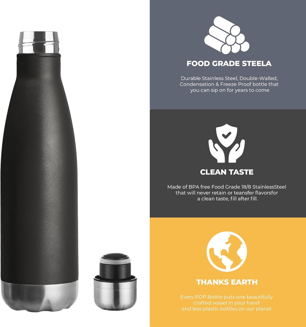 MEWAY 17oz Sport Water Bottle 4 Pack Vacuum Insulated Stainless Steel Leak-Proof Double Wall Cola Shape Water Bottle,Keep Drinks Hot & Cold (Black,4 Pack)