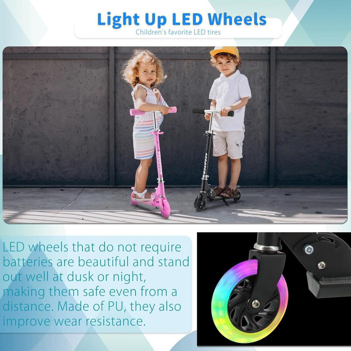 Skiennix Kids Scooter - Light-Up Wheels, 3 Adjustable Height Levels, Rear Brake