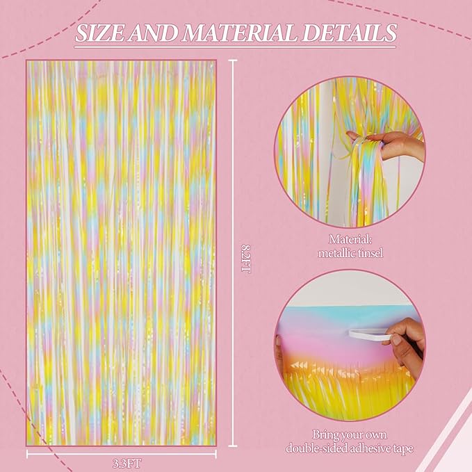 3 Pack Foil Fringe Backdrop - PastelRainbow Shiny Tinsel Curtains for Party Decoration/Photo Booth Props - 3.3x8.2 FT Metallic Foil Backdrop for Birthday, Wedding, Graduation, Christmas.