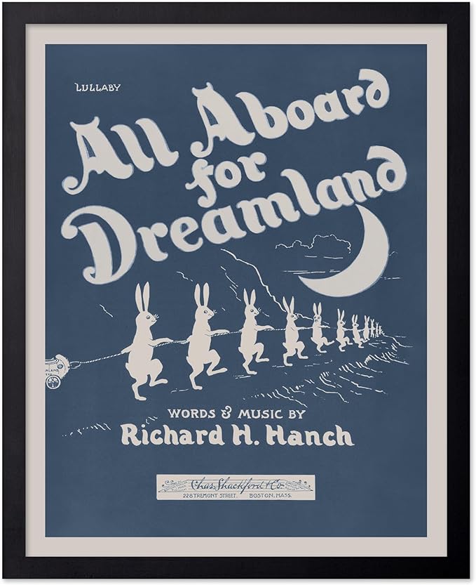 Poster Master All Aboard For Dreamland Poster - Retro Children's Lullaby Print - Story Book Art - Bunny Art - Rabbit Art - Aesthetic Art - Kid's Bedroom or Nursery Wall Decor, 8x10 Black Framed