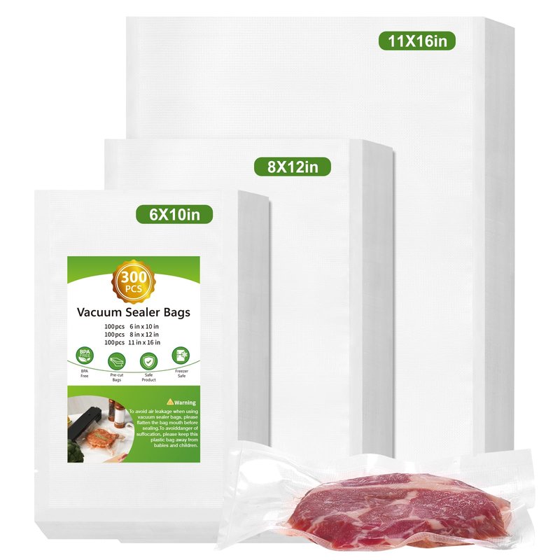 Moretoes 300pcs Vacuum Sealer Bags, 100 Gallon 11" x 16" and 100 Quart 8" x 12" and 100 Pint 6" x 10", BPA Free, Pre-cut Commercial Grade Vac Seal Meal Bags for Food Saver Storage, Meal Prep