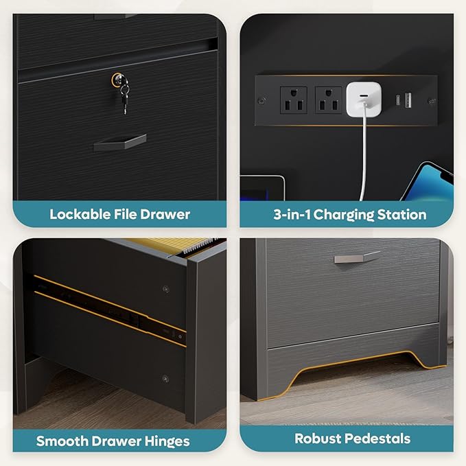Bestier 59” Office Desk with Lockable Drawers, Modern Computer Desk with File Drawer, Charging Station & Drop-Front Keyboard Drawer, Executive Desk with Storage Cabinet for Home Office & Studio, Black