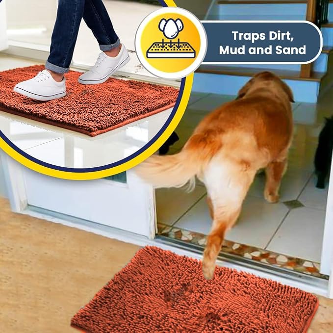 Muddy Mat® | Super Water Absorbent Door Mat Indoor, Microfiber Quick Dry Chenille Entryway Rug, Slip Resistant Front Door Mat, Indoor Mats for Entryway, Machine Washable Pet Rug, Orange XL 35" x 60"