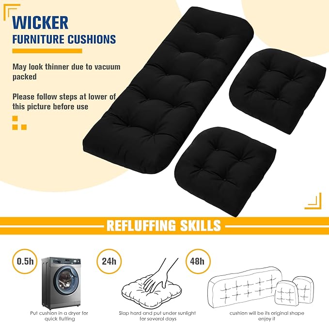 Patio Furniture Cushions Outdoor, Waterproof Wicker Chair Cushions Set of 3, 1 Loveseat & 2 Seat Pads, Thick Outdoor Replacement Cushions for Porch Lawn Bench Couch Sofa Swing, Black