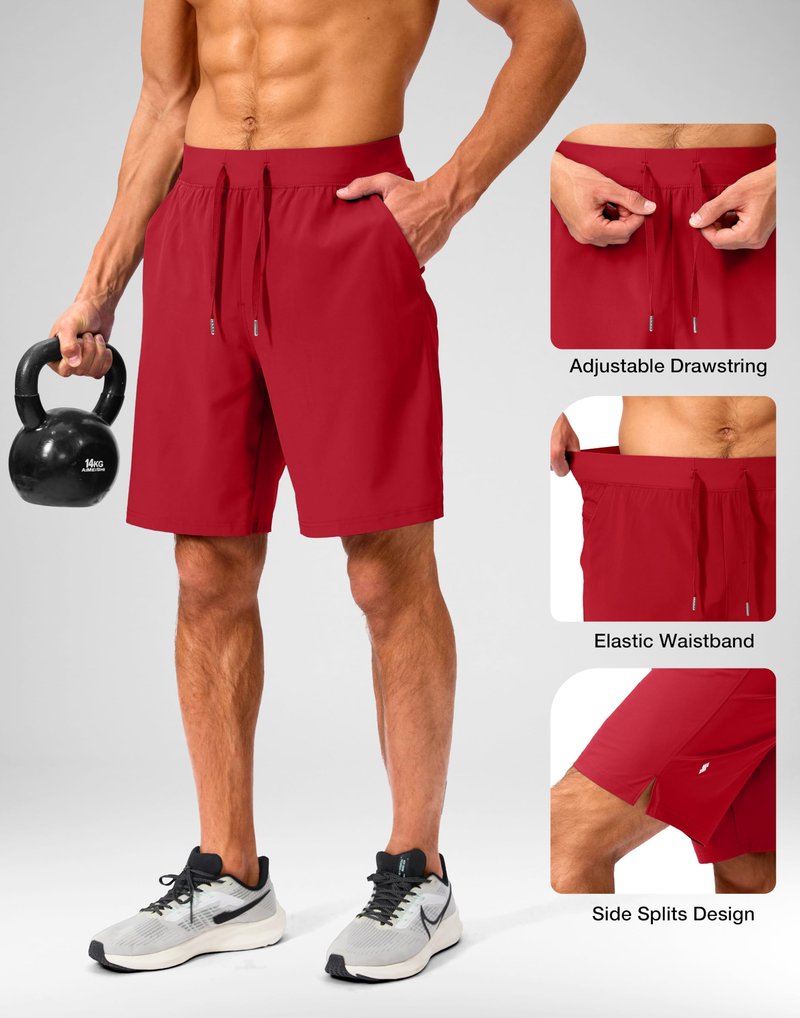 Soothfeel Men's Running Shorts with Zipper Pockets 9 Inch Lightweight Quick Dry Gym Sports Athletic Workout Basketball Shorts for Men (Bone, M) Red