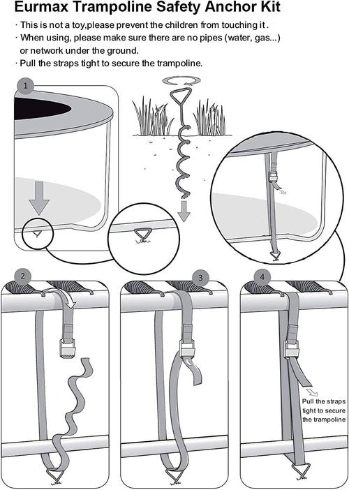 EURMAX USA Windproof Trampoline Anchor Kit - Heavy-Duty Steel Stakes with T-Hook & Safety Straps for Secure Weatherproof Protection
