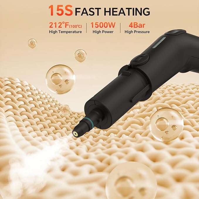 Heapsion Handheld Steam Cleaner, 4 Bar Pressure, 15s Fast Heat-Up, 1.8L Large Capacity Tank, 6 Steam Levels, 12-Piece Accessories, 1500W Portable Steam Cleaner for Grout, Tiles, Kitchen, Car Detailing