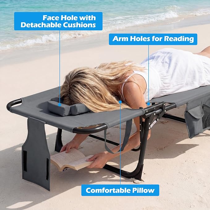 COSTWAY Tanning Chair with Face Hole, Folding Beach Lounge Chair with 4-Position Adjustable Backrest, Pillow & Side Pocket, Foldable Chaise Lounge Chair Outdoor for Sunbathing, Camping (2, Grey)