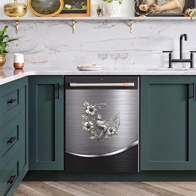 Grey Metal Silver Pattern Magnetic Dishwasher Cover Sheet Bird Flower Sticker Polishing Steelbird Dishwasher Skin Decor Silver Texture 23X17 INCH Magnet Rerigerator Kitchen Panel Decal