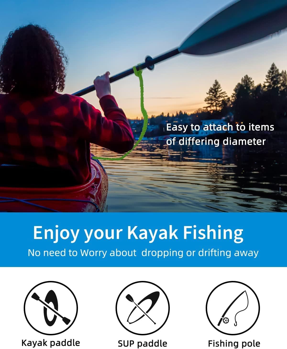OCEANBROAD Kayak Paddle Leash - Stretchable Bungee Strap Lanyard for SUP & Canoeing | 5-7 Feet, Lawn Green