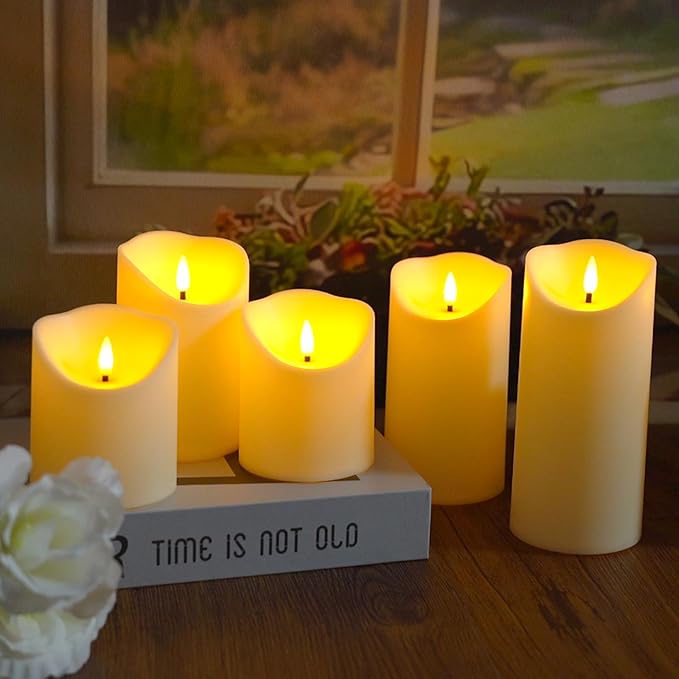 Flameless Candles with Remote Timer, Battery Operated Realistic Flickering LED Candles, 9 Packs Fake Candles for Home Decor (D3 x H 3" 4" 5" 6" 7") (Ivory)