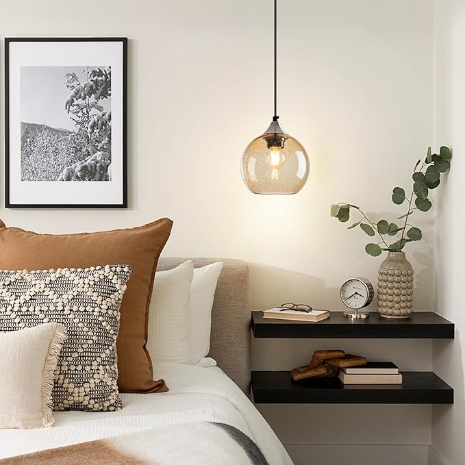 Light Brown Glass Pendant Lights Kitchen Island Globe Pendant Light Fixtures Modern Pendant Lighting for Bedroom Living Dining Room Light Fixture (5.9 in, 3 Pack)