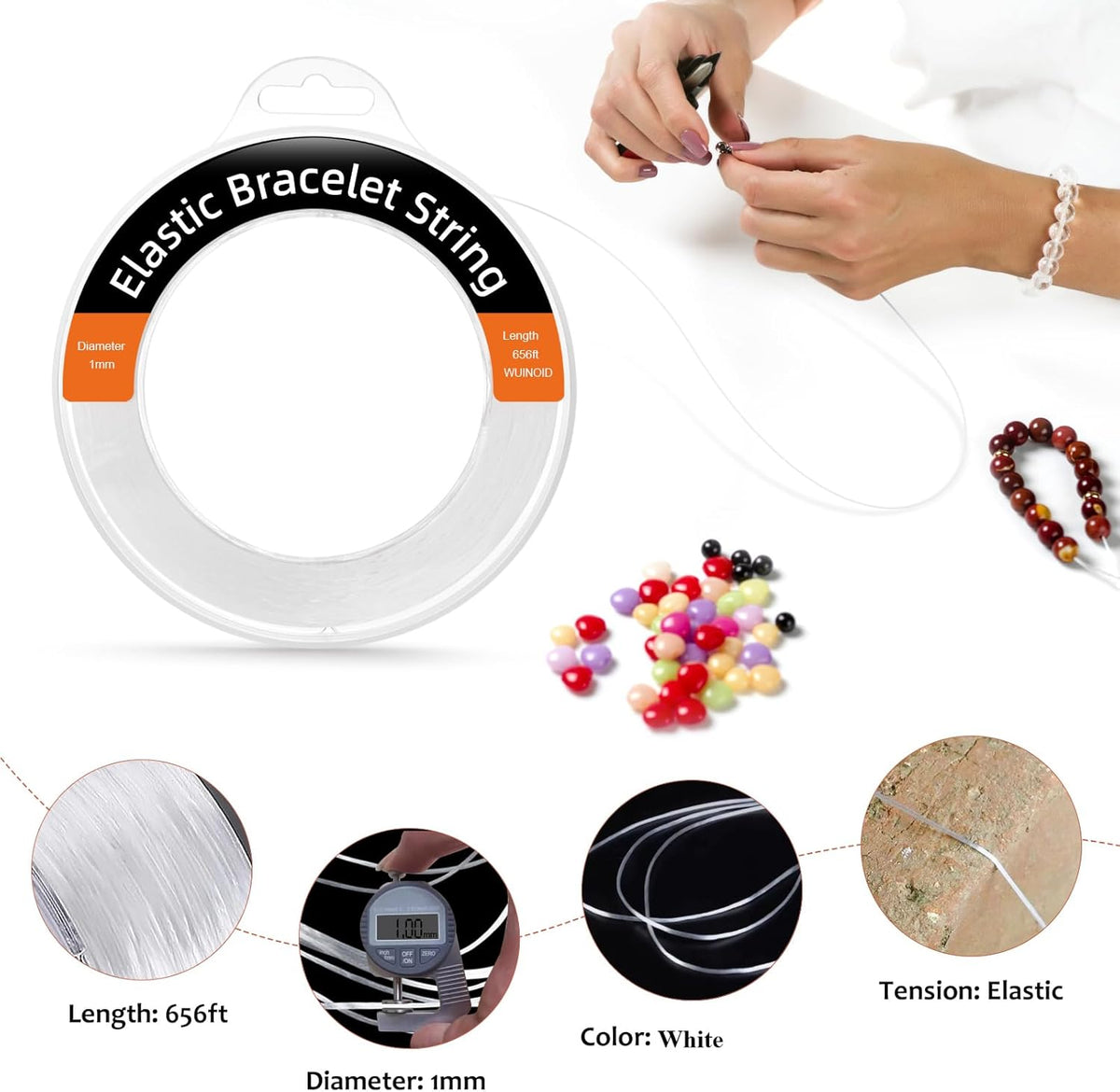 WUINOID 1mm Elastic String Cord - 656ft White Bead Bracelet Making Supplies for Jewelry & Crafts