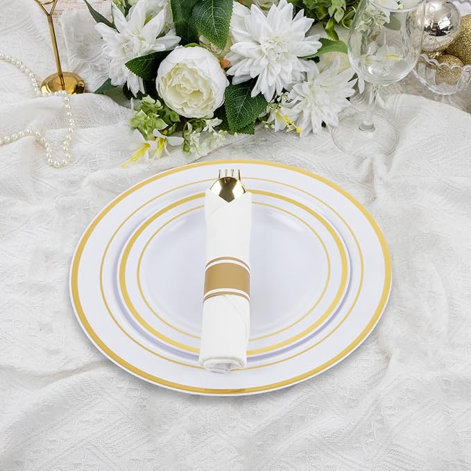 350 Piece Gold Dinnerware Set,100 Plastic Plates, 50 Cups,50 Pre Rolled Napkins with Plastic Silverware, Disposable Gold Dinnerware Set for 50 Guest