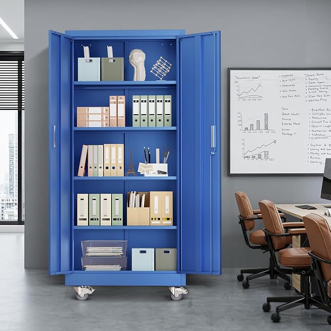 VINGLI Rolling Metal Storage Cabinet with Adjustable Shelves, 71'' Tall Garage Storage Cabinet with Wheels, Locking Tool Cabinets for Home Office Garage Gym School (Blue)