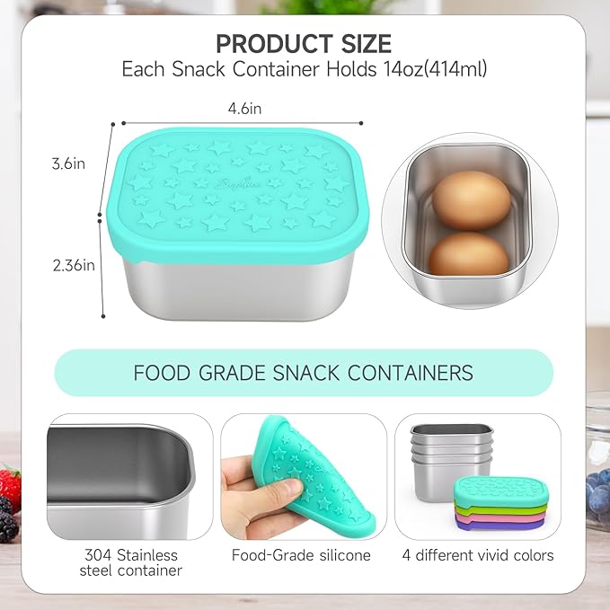 SOPHICO Stainless Steel 14 OZ Snack Containers for Kids，Food Storage Container with Silicone Lid - Perfect 304 Metal Toddler Lunch Box for Daycare and School, Leak Proof (MIX, 4 PACK)
